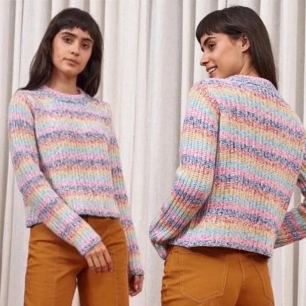 La Ligne Cherie Wool/Cashmere Rainbow Striped Crop Sweater - Size L